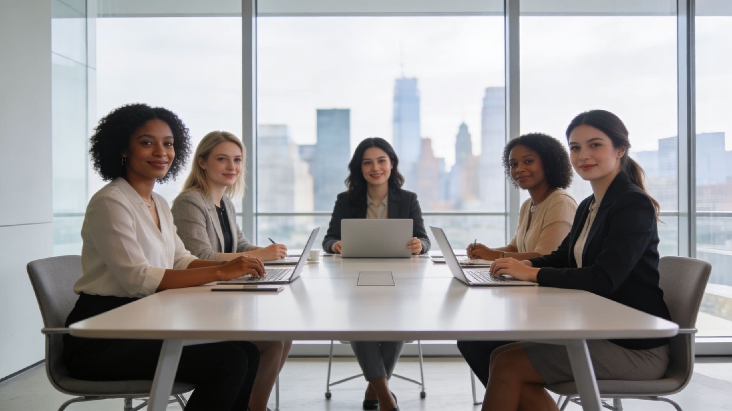 A diverse group of professional women working together at a conference table in a modern city office.