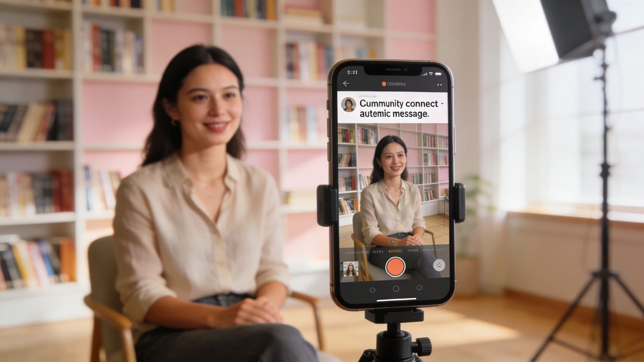 A woman recording a video for her online community using a smartphone mounted on a tripod.