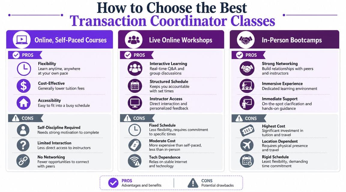 A comparison chart outlining the pros and cons of online self-paced courses, live workshops, and in-person bootcamps.