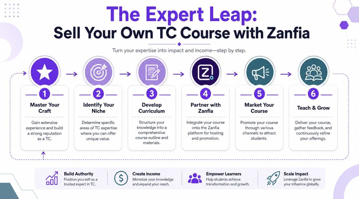 A six-step infographic showing how to create and sell a professional transaction coordinator course using Zanfia.