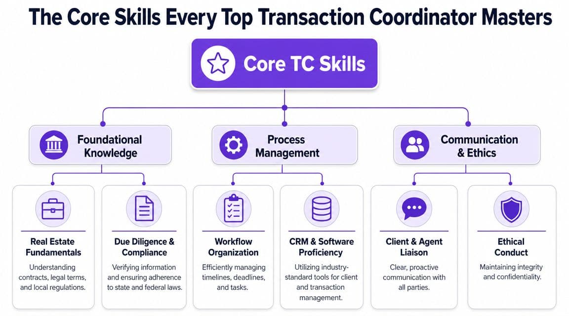 A diagram outlining the core skills for top transaction coordinators, including knowledge, process management, and ethics.