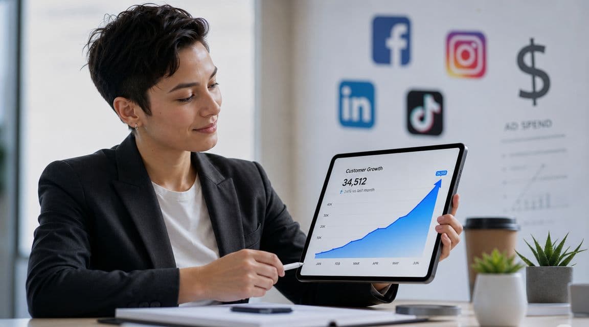 A professional woman in a business blazer displaying a tablet showing steady customer growth charts.