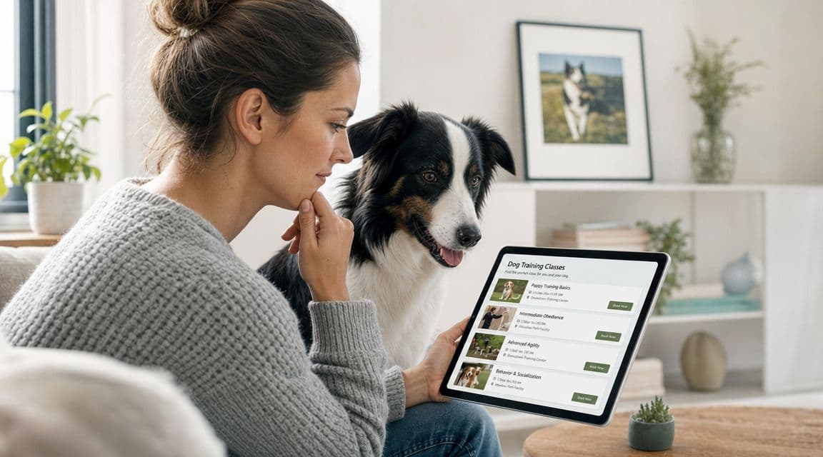 A woman and her dog sitting on a sofa while viewing dog training classes on a tablet