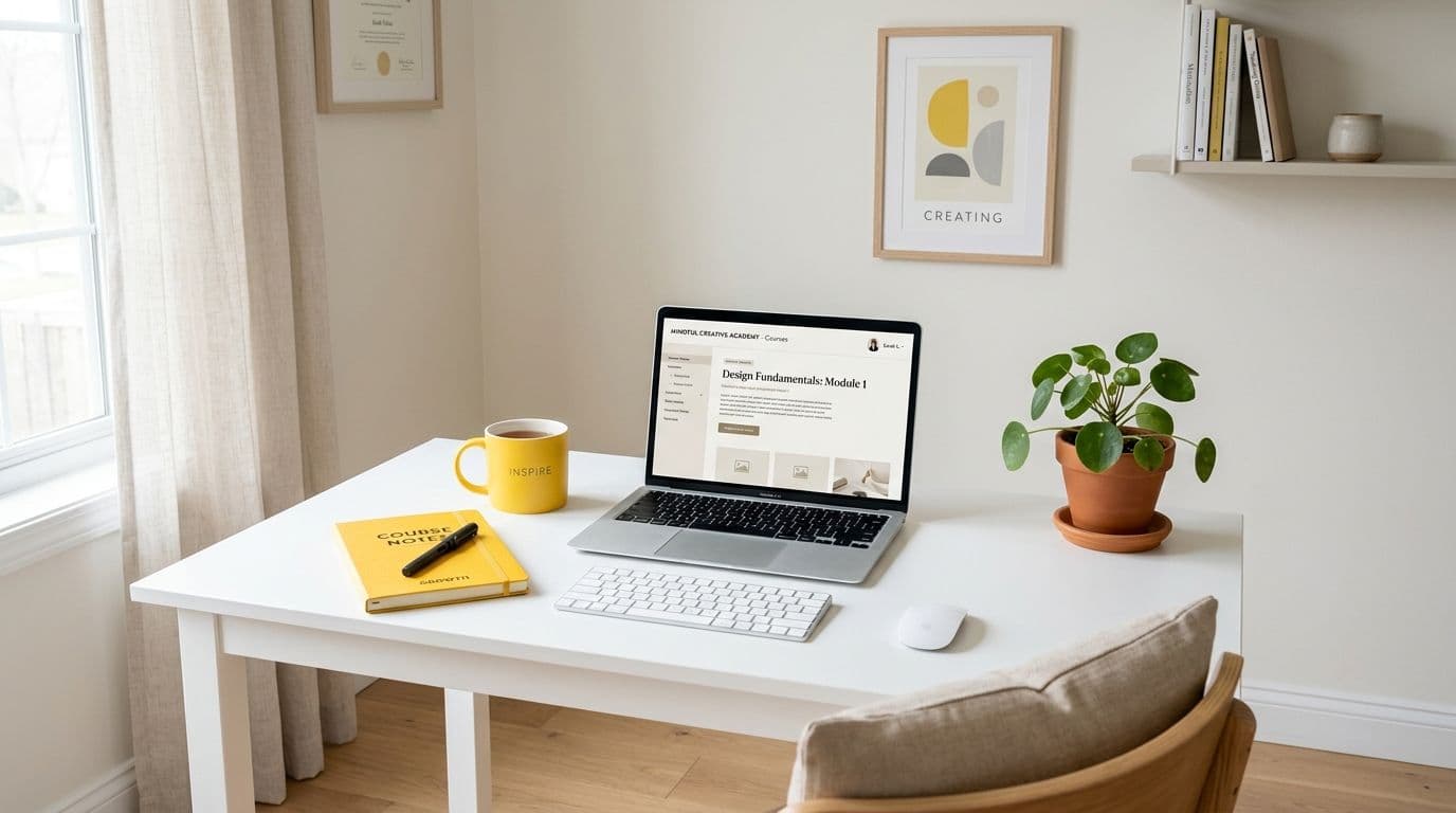 A clean, minimalist home office desk setup with a laptop, yellow notebook, mug, and a potted plant.