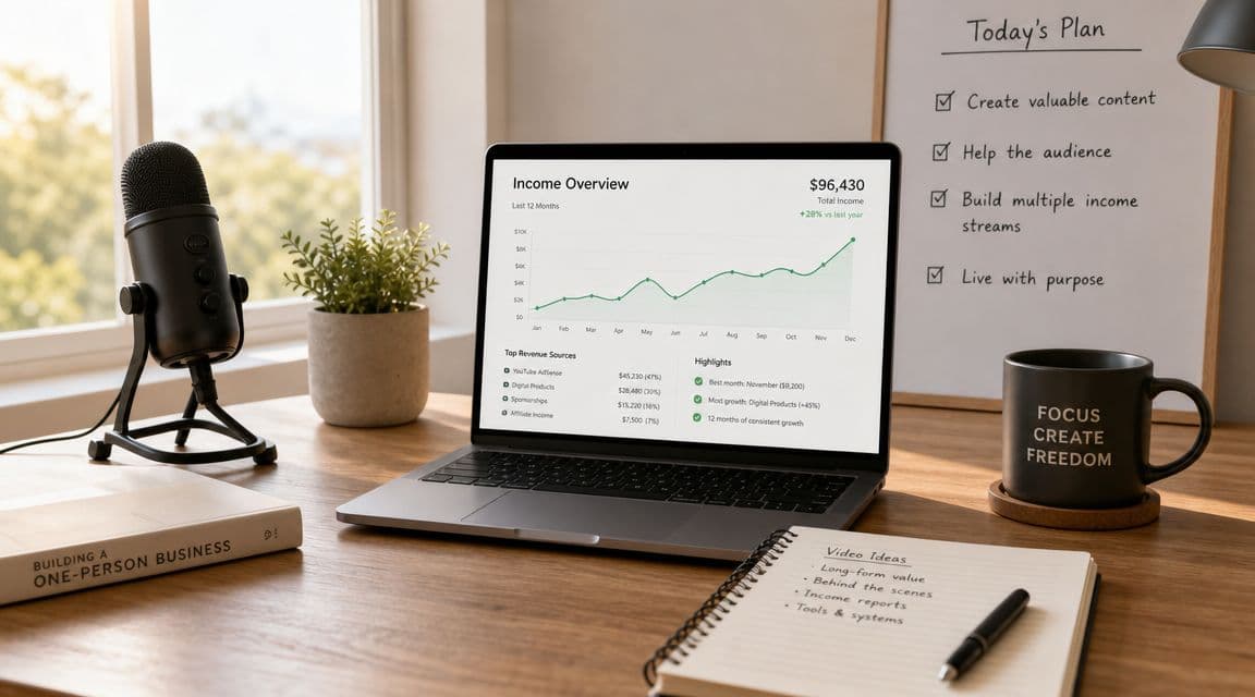 A professional desk setup featuring a laptop displaying financial analytics, a microphone, and organized daily task lists.