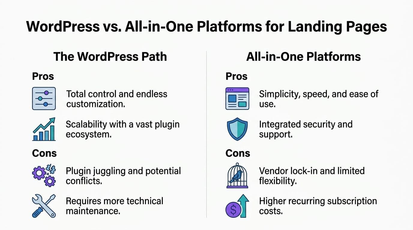 A comparison infographic showing pros and cons of using WordPress versus all-in-one platforms for landing pages.