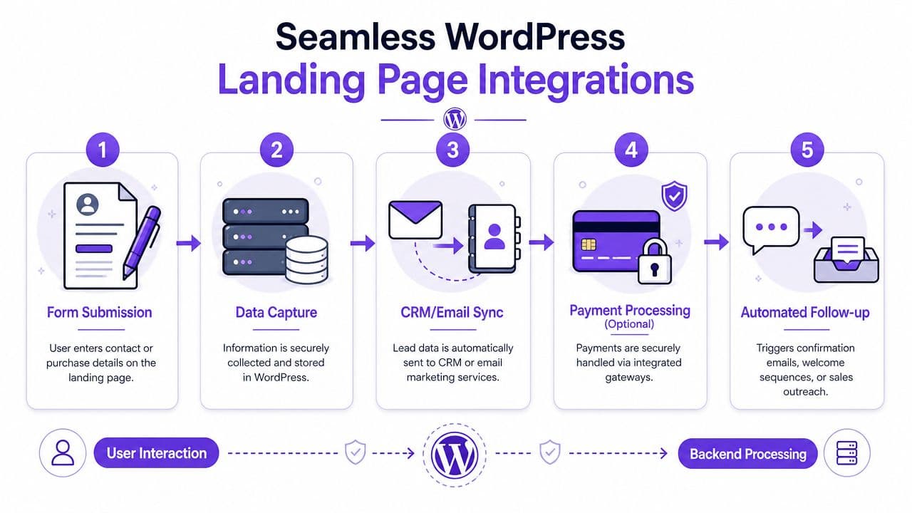 A five-step infographic showing the seamless integration process of a WordPress landing page from submission to automation.