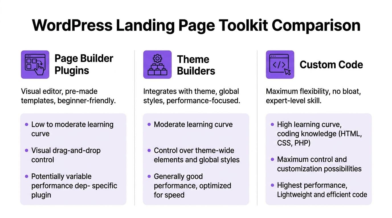 A comparison chart outlining the pros and cons of using page builder plugins, theme builders, and custom code.