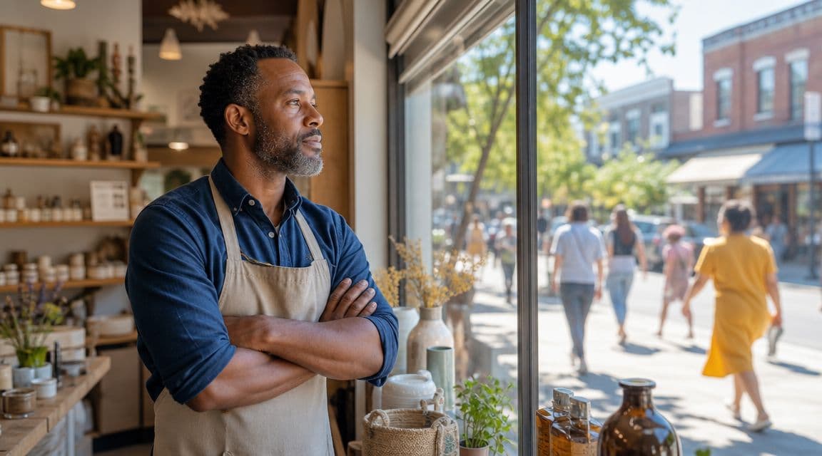 A thoughtful small business owner standing by his storefront window looking out at pedestrians on the street.