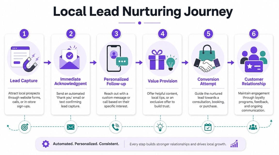 A six-step infographic illustrating a local lead nurturing journey for business growth and customer retention.
