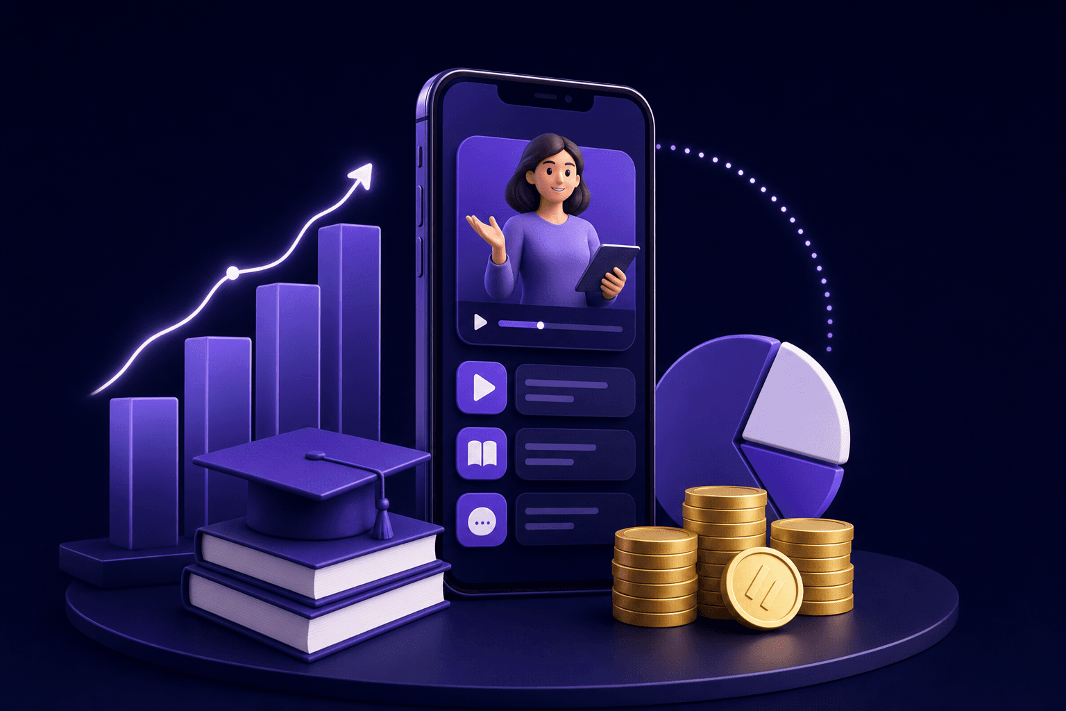 branded mobile app for online courses cost — coaching editorial illustration