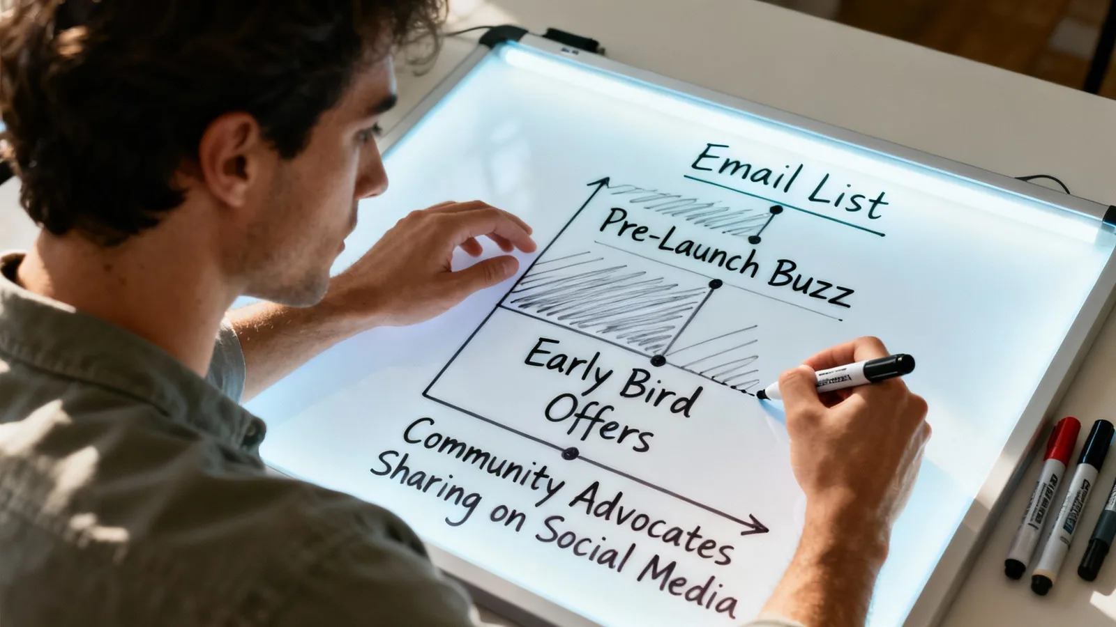 A person creating a marketing plan with sticky notes on a board, illustrating strategic thinking.