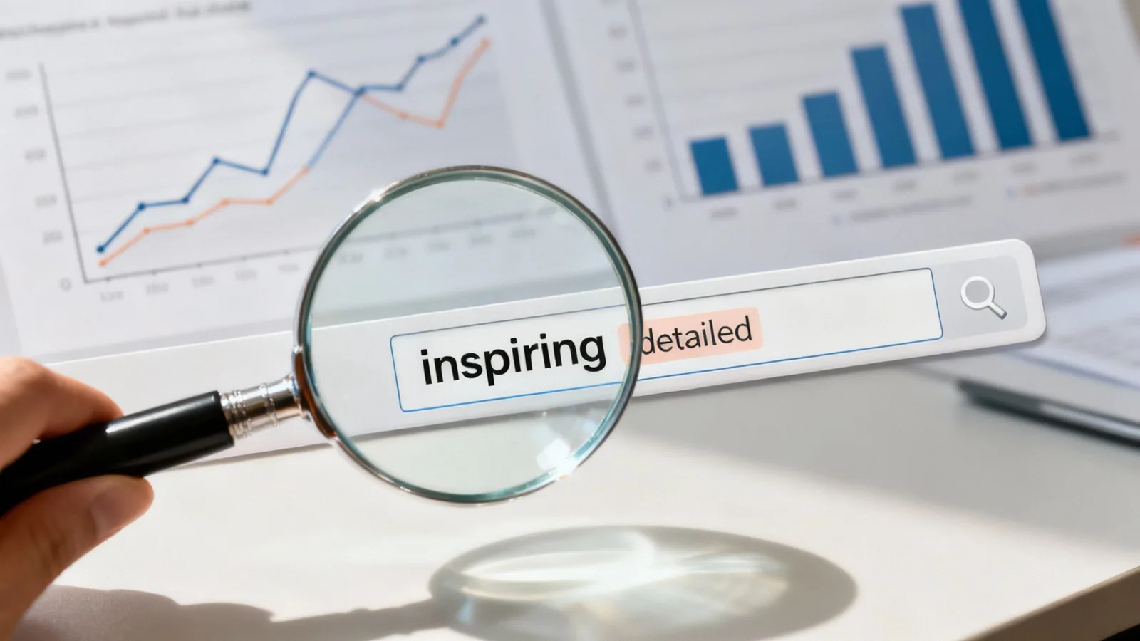 A magnifying glass hovering over a computer screen, symbolizing the process of SEO and keyword research.