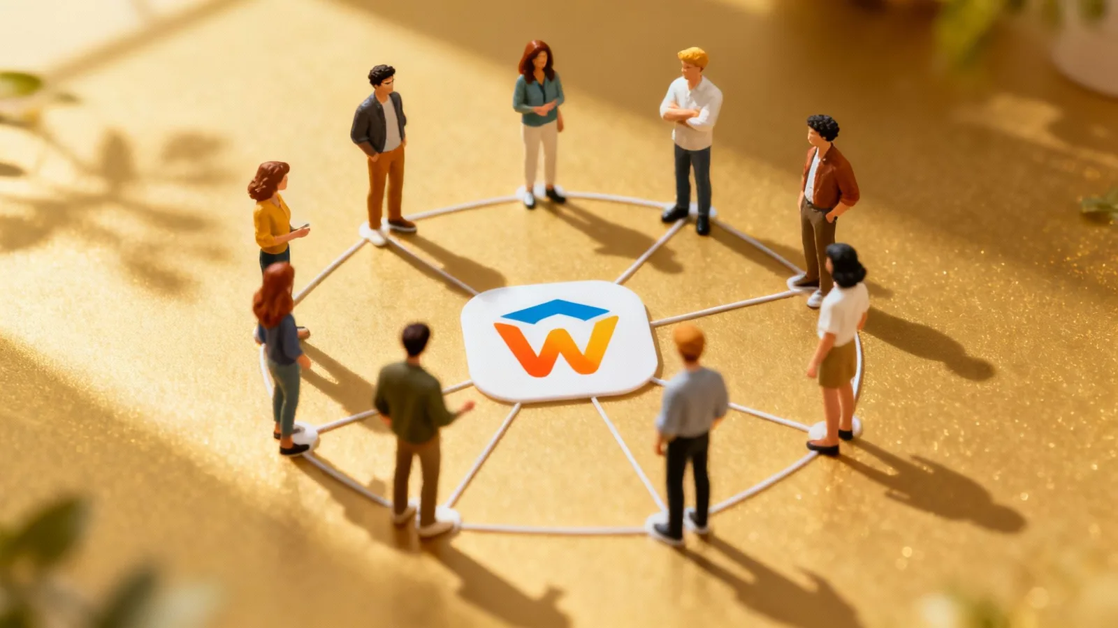A group of diverse people engaging in a vibrant online community, with chat bubbles and connection lines linking them.