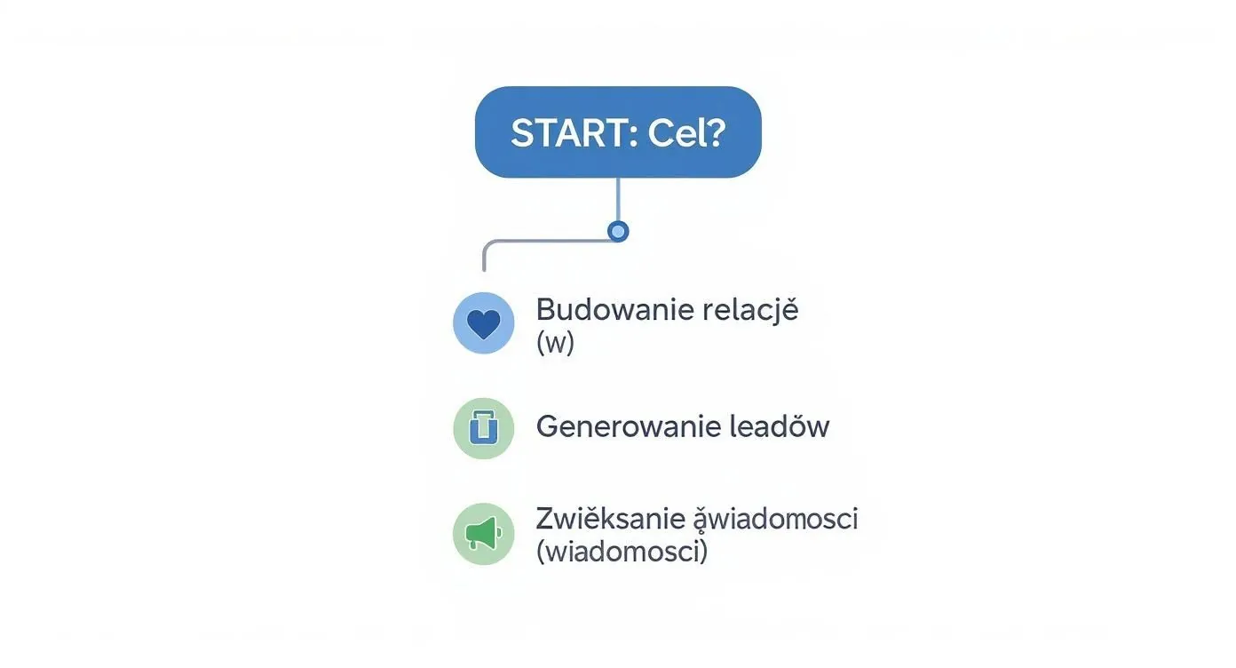 Infografika przedstawiająca drzewo decyzyjne dla wyboru kanałów komunikacji w zależności od celu: budowanie relacji, generowanie leadów lub zwiększanie świadomości.