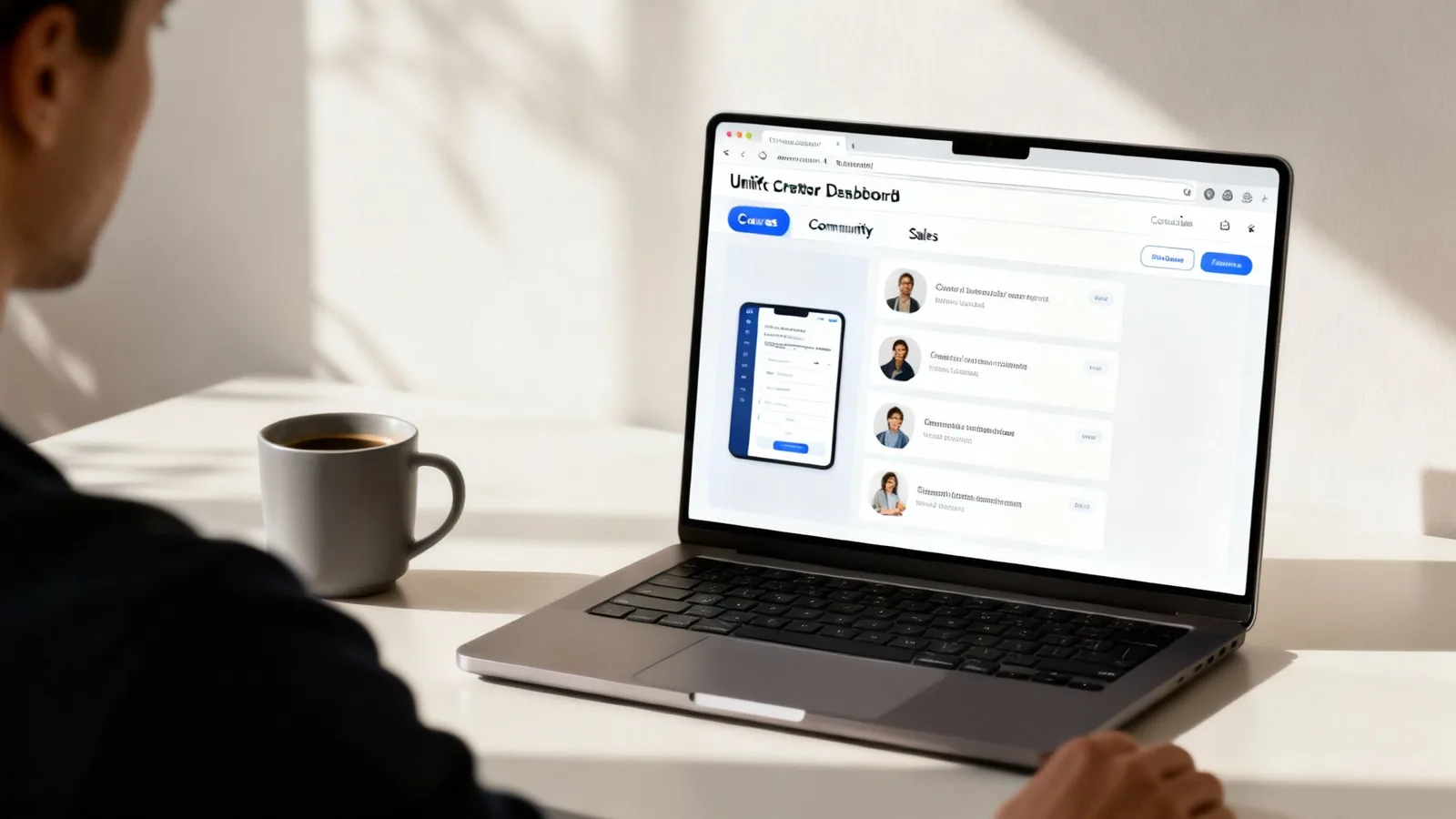 A creator's desk showing a laptop with a branded online course, a tablet displaying community discussions, and a smartphone with a sales dashboard, all unified.