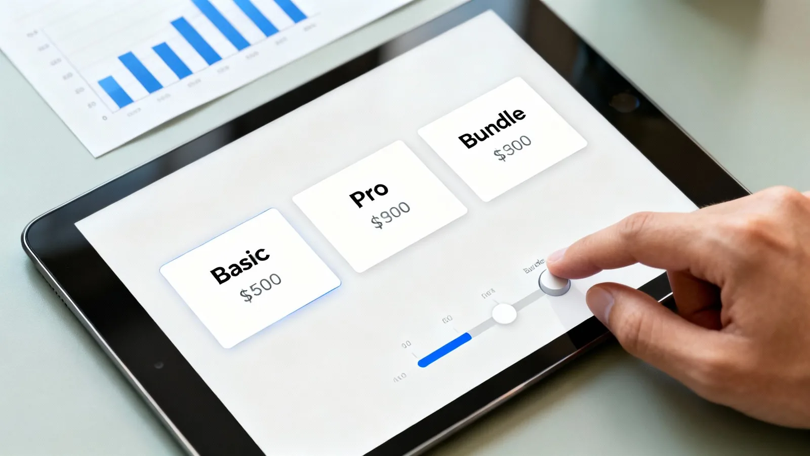 A digital calculator displaying profit margins with upward-trending charts in the background.