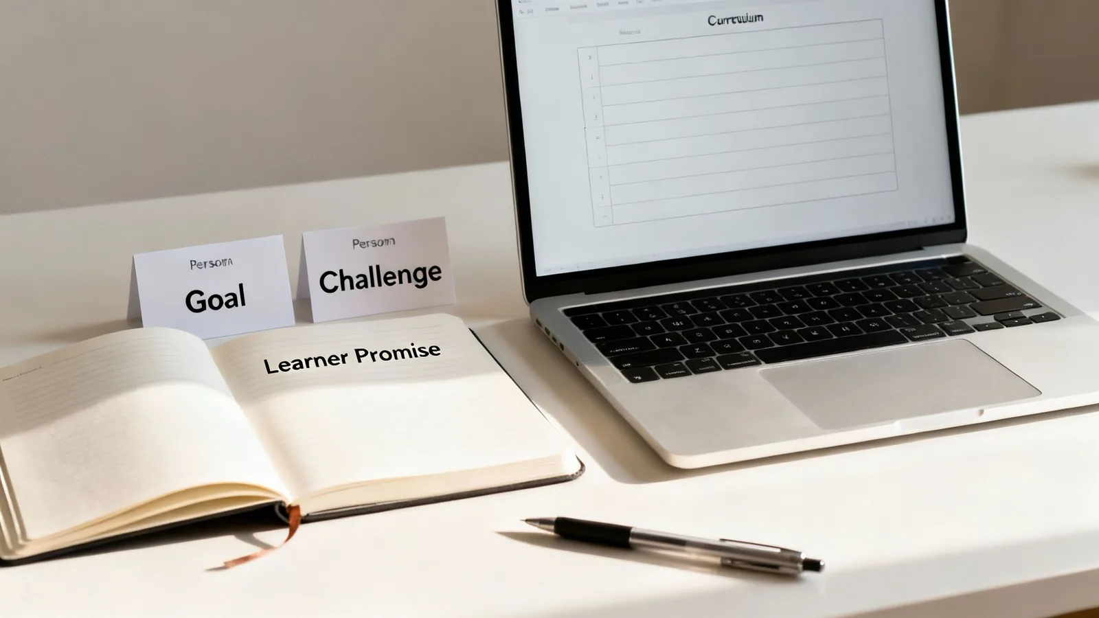 An image of a woman thoughtfully arranging sticky notes on a clear board, representing the process of structuring a curriculum.