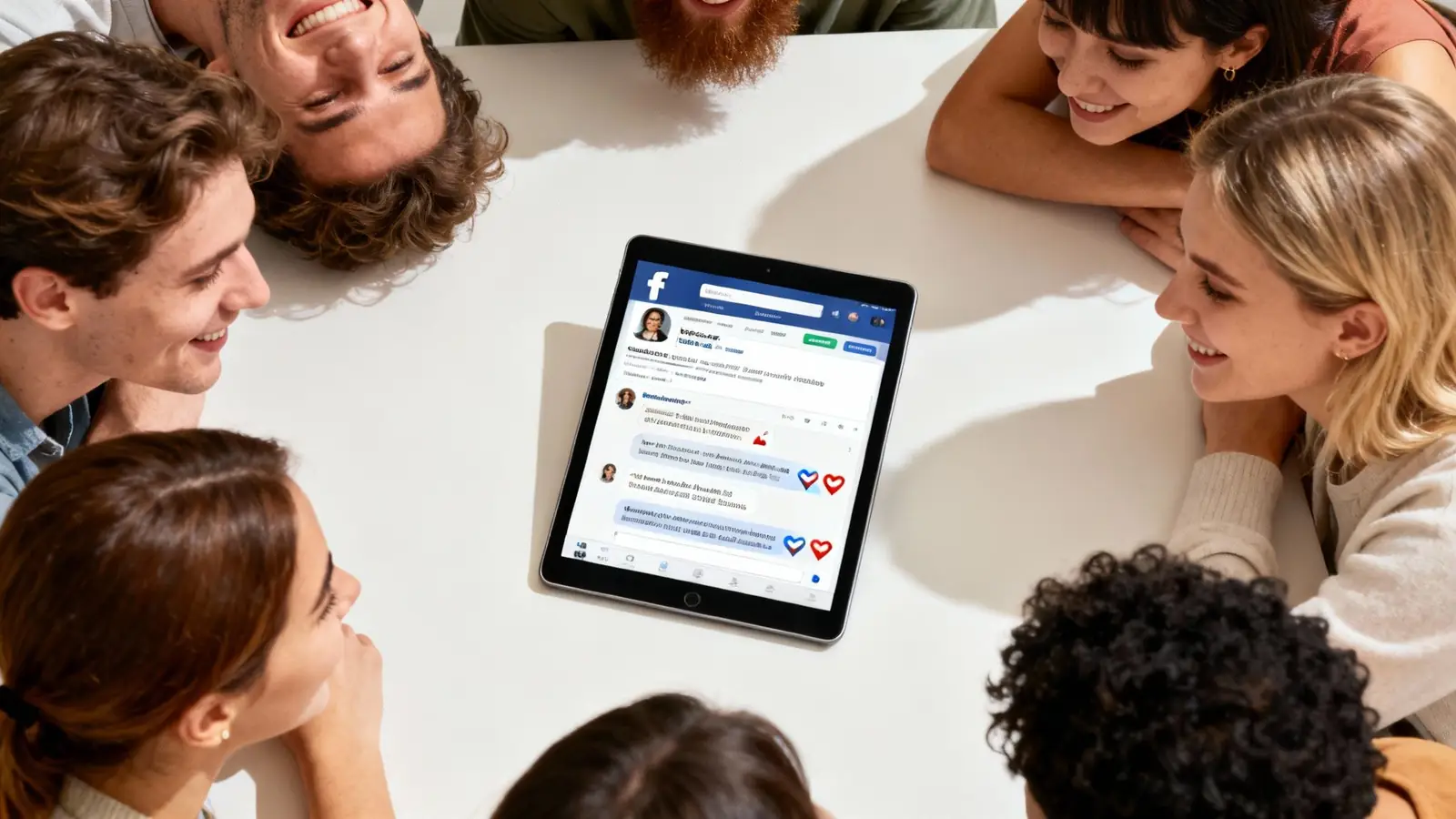 Grupa ludzi angażująca się w dyskusję online, symbolizująca budowanie społeczności na Facebooku.