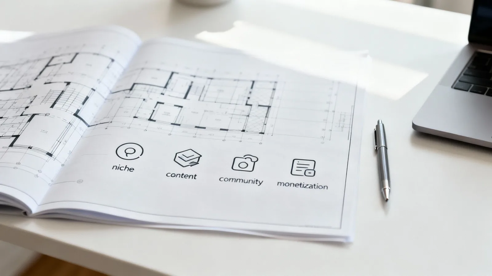 A person at a desk with a laptop and a notepad, creating a plan for their digital creator business.