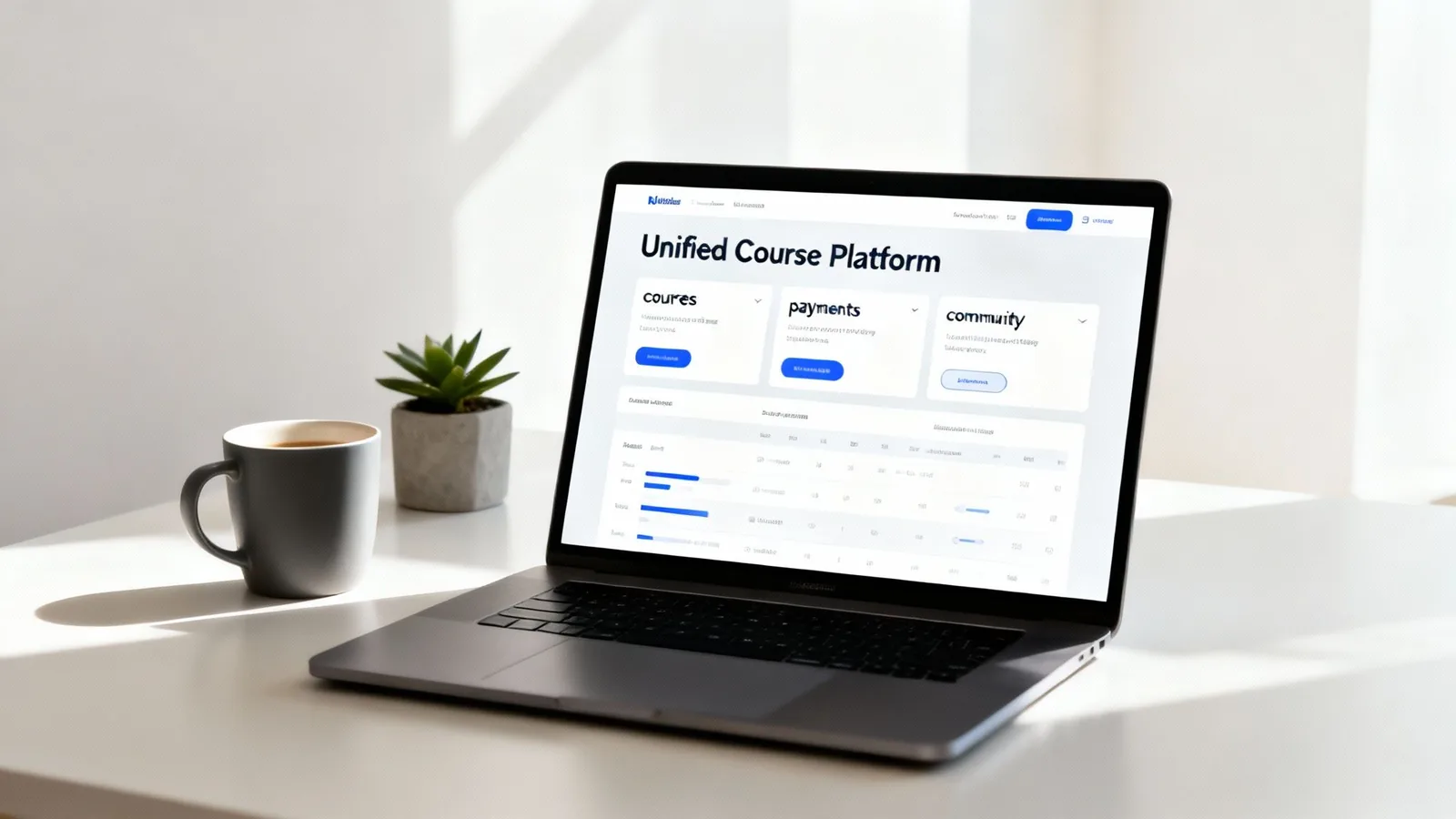Laptop wyświetlający zunifikowaną platformę do tworzenia kursów online z modułami kursu, płatności i społeczności