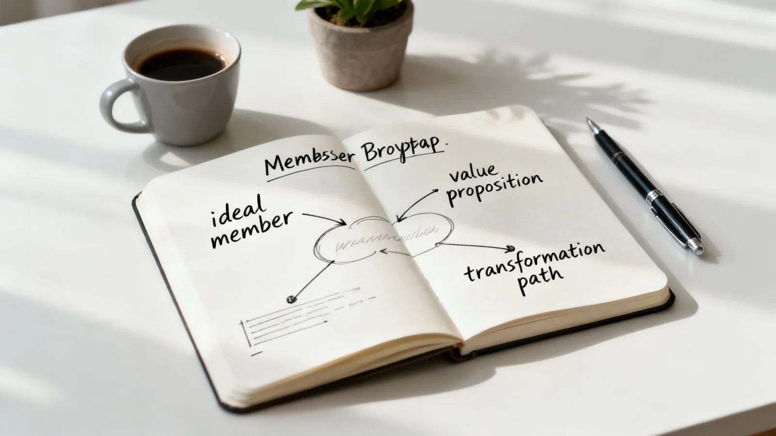 Open notebook with membership site strategy diagram showing value proposition and transformation path on desk