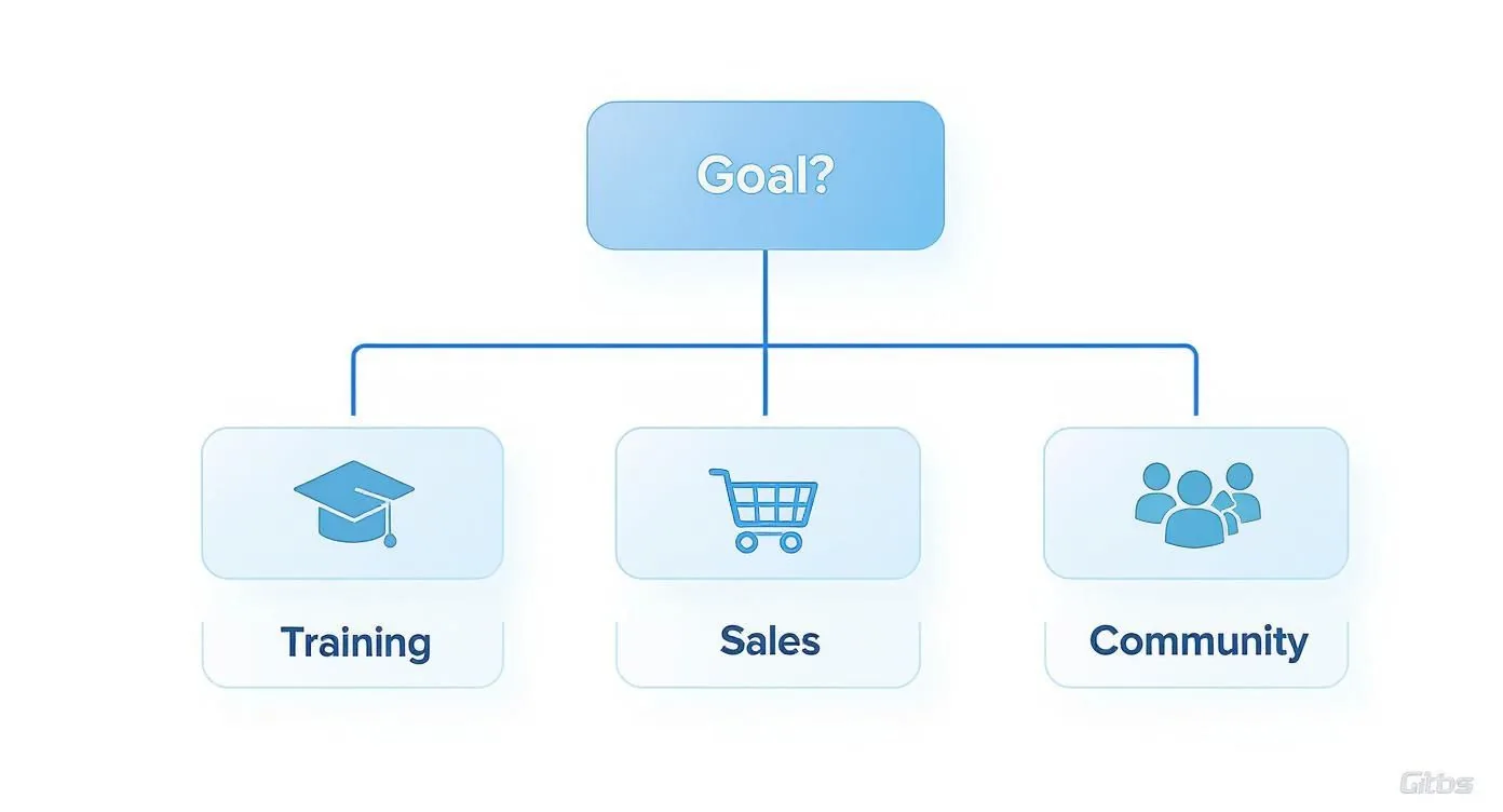 Flowchart showing three main goal categories: training with graduation cap, sales with shopping cart, and community with people icons