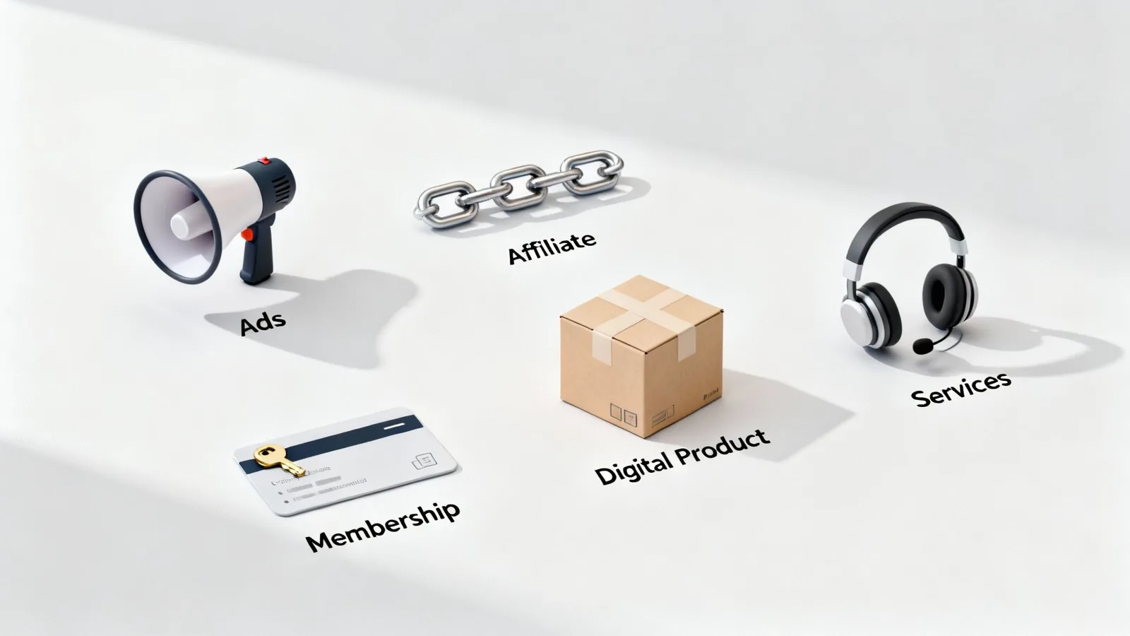 Five content monetization methods including ads, affiliate marketing, digital products, memberships, and services illustrated with 3D icons