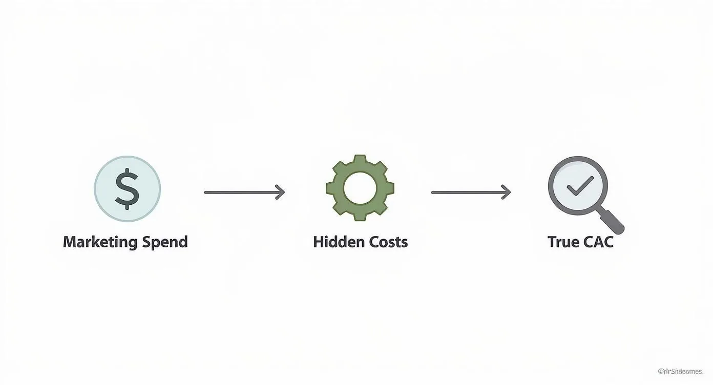 Diagram showing how Marketing Spend and Hidden Costs combine to determine the True Customer <a href=