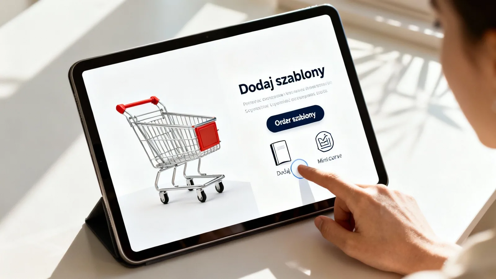 Osoba dotyka ekranu tabletu z interfejsem sklepu internetowego oferującego szablony i kursy.