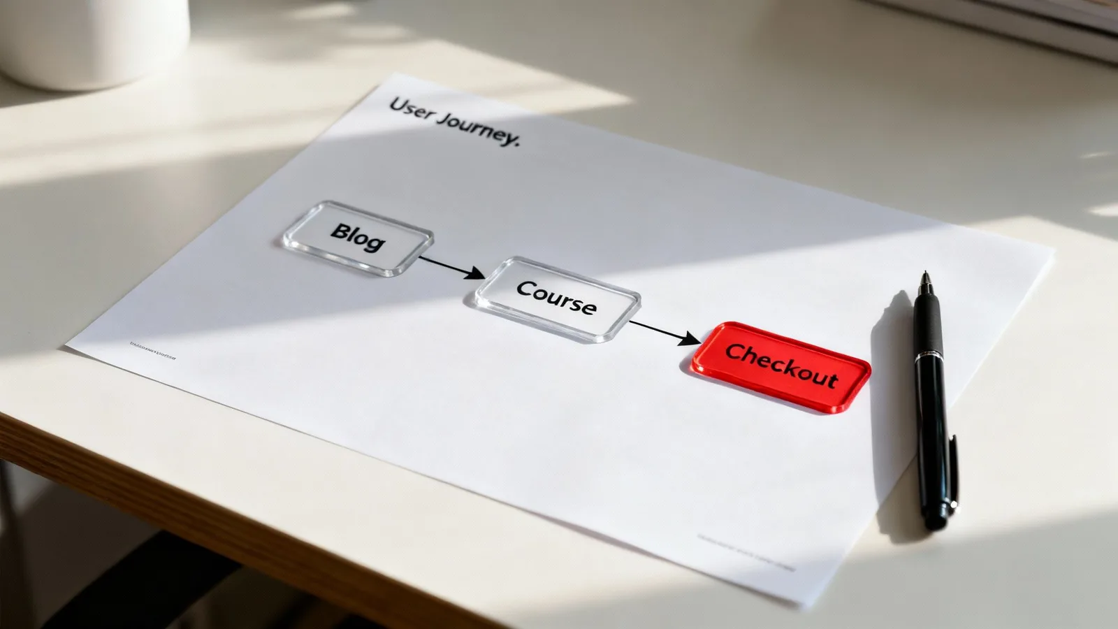 A user journey map showing steps from 'Blog' to 'Course' to 'Checkout', with a pen.