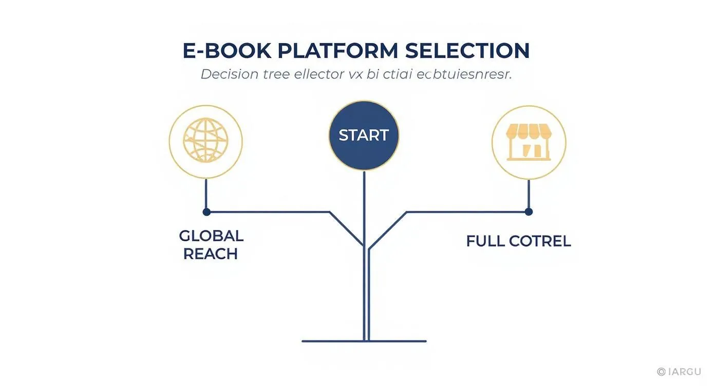 Schemat drzewa decyzyjnego wyboru platformy e-booków z opcjami zasięgu globalnego i pełnej kontroli.