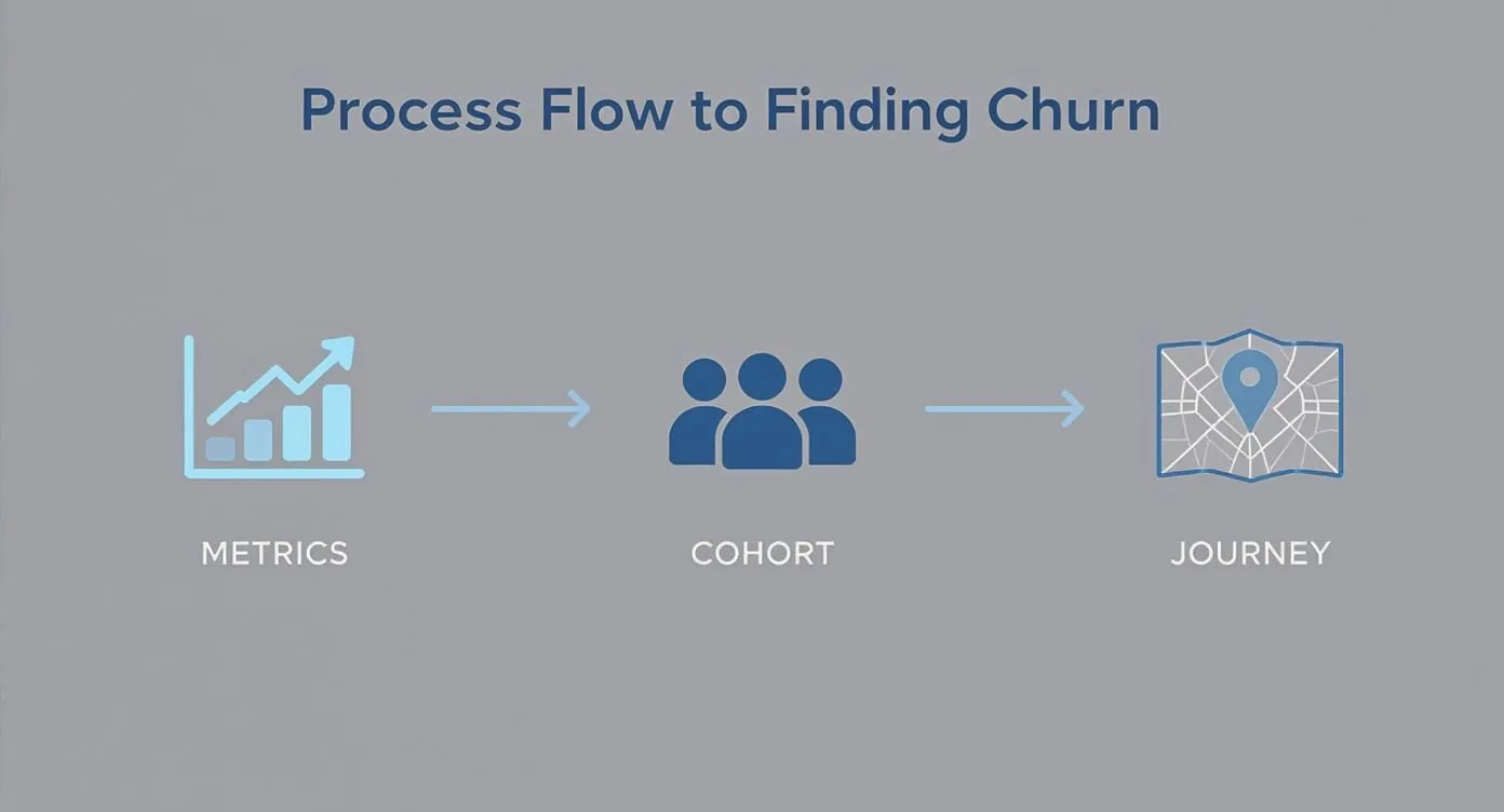 A diagram showing a three-step process flow for finding customer churn: Metrics, Cohort, and Journey, linked by arrows.