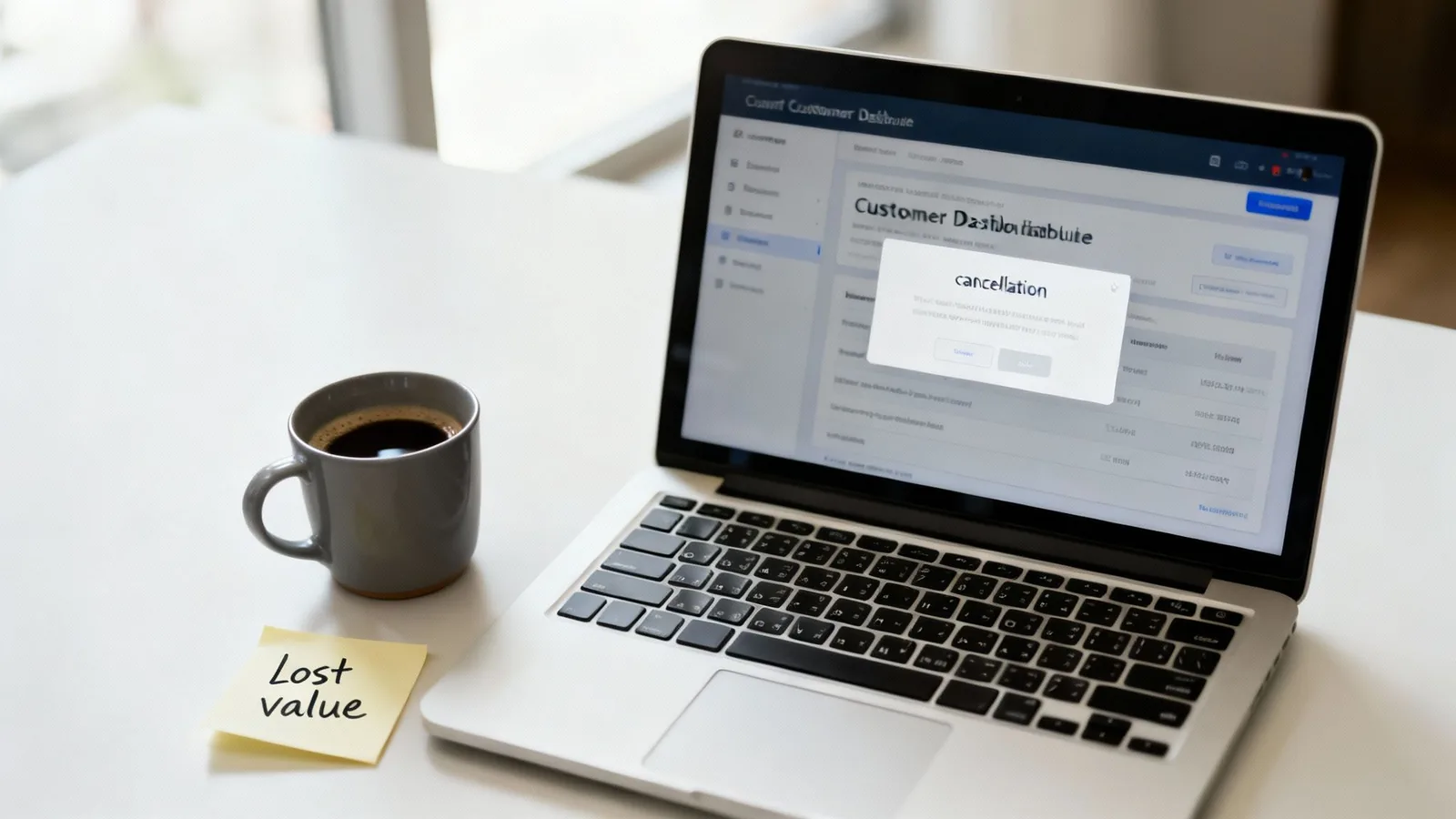 Laptop screen shows a customer cancellation pop-up, next to a coffee mug and a 'Lost value' sticky note.