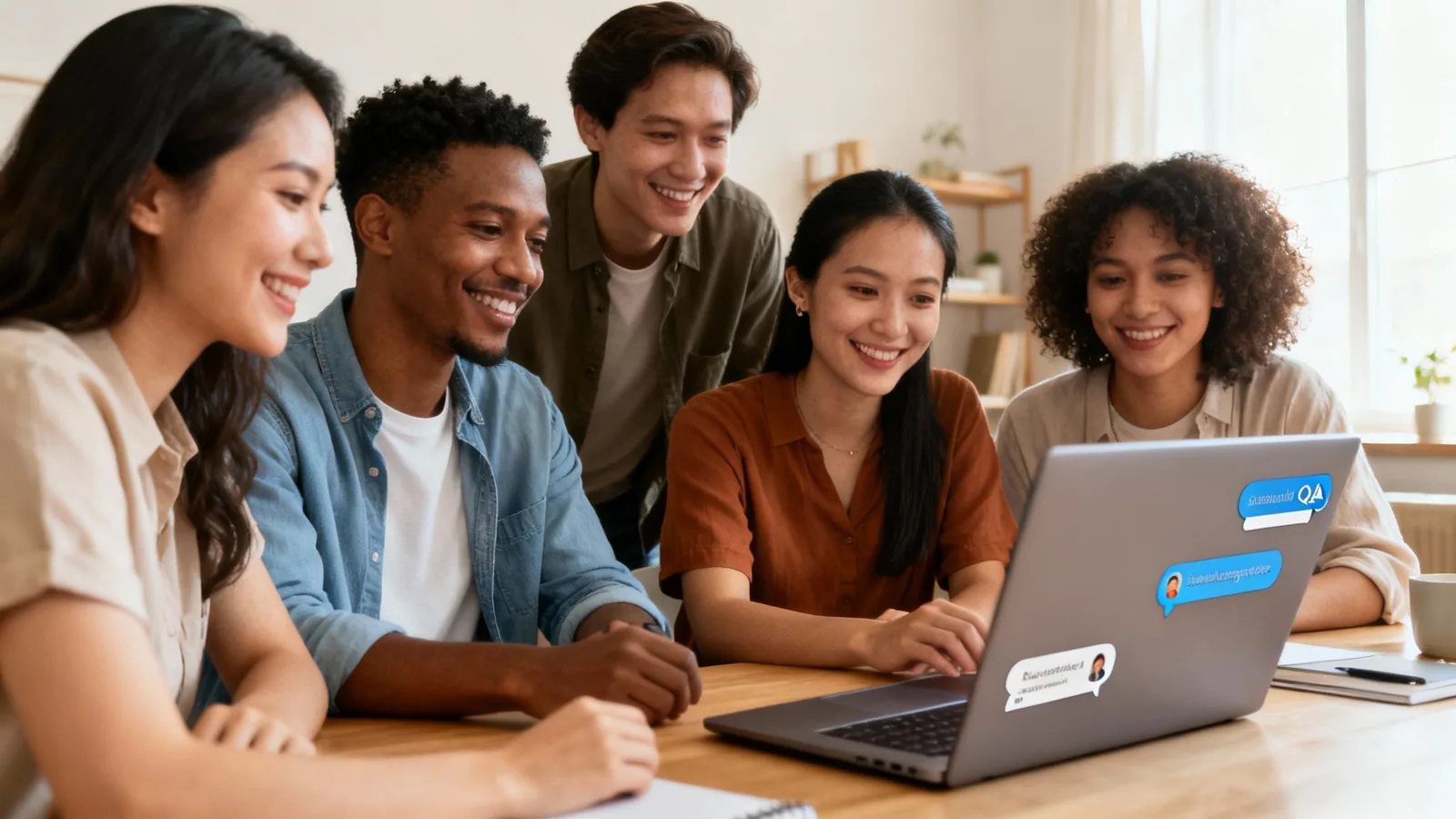 Diverse group of young professionals smiling and collaborating around a laptop with chat bubbles.