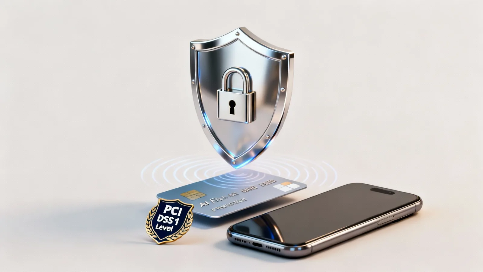 Srebrna tarcza z kłódką chroni kartę kredytową i smartfon, symbolizując bezpieczeństwo płatności PCI DSS.