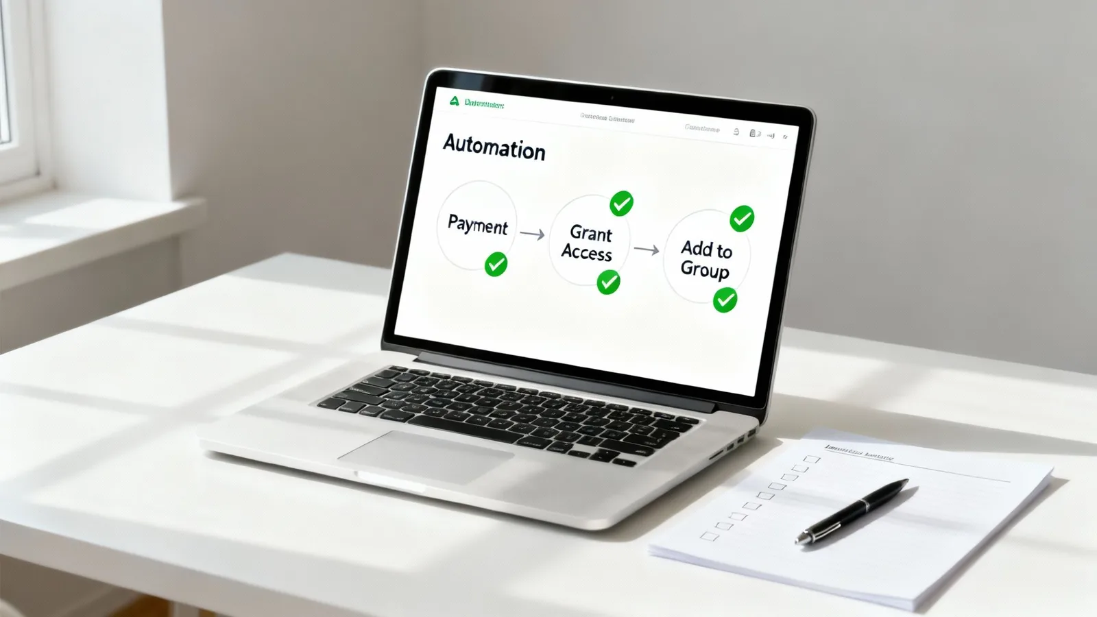Laptop on a white desk showing a digital automation workflow for payment, access, and group steps.
