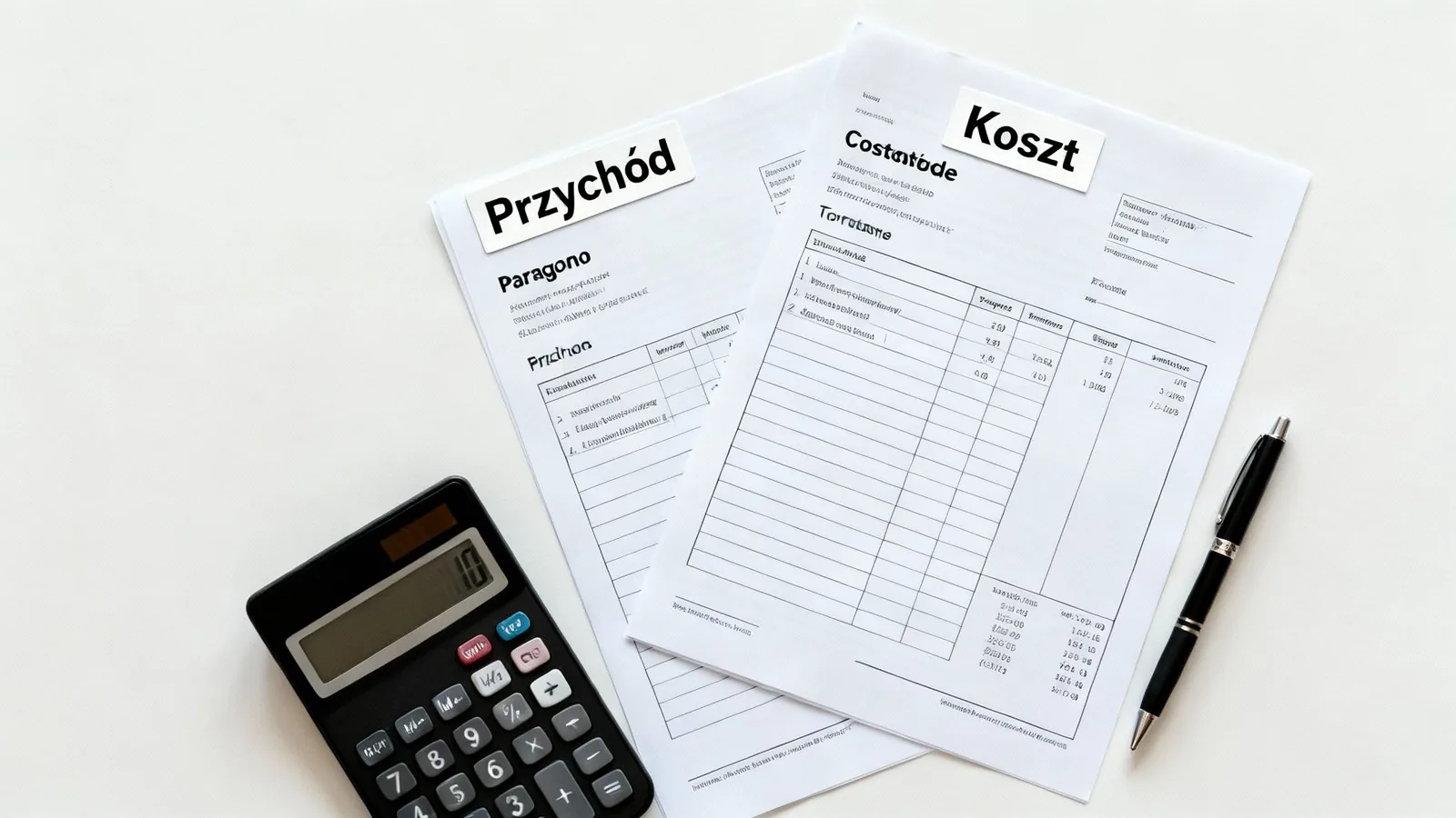 Dokumenty finansowe oznaczone jako "Przychód" i "Koszt", kalkulator oraz długopis na białym tle. Obraz przedstawia rozliczenia finansowe.
