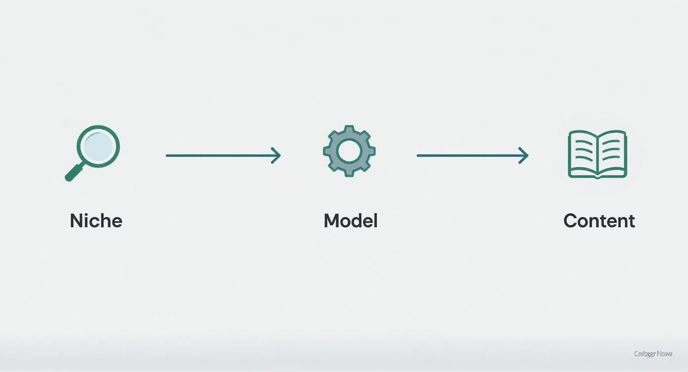 A flowchart illustrates the progression from Niche (magnifying glass) to Model (gear) to Content (open book).