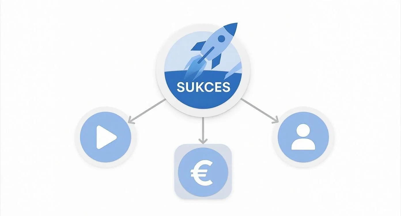 Schemat wizualizujący sukces (rakieta) jako wynik wideo, zarabiania i zaangażowania użytkowników. Diagram procesu dla platformy kursów online.