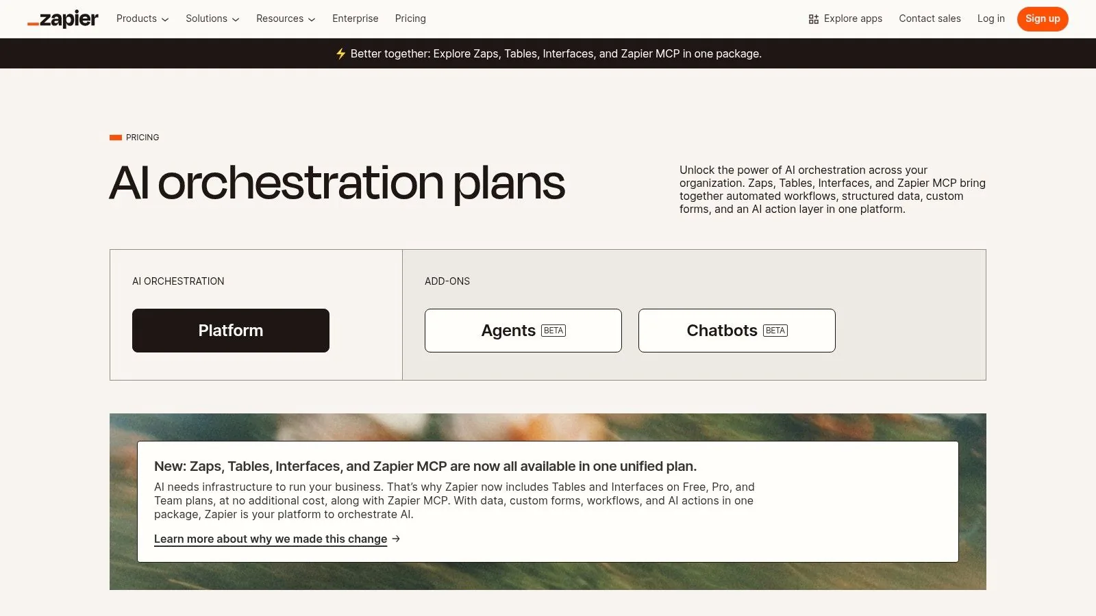 An overview of Zapier's AI-powered automation plans, showcasing different feature tiers for small business automation tools.