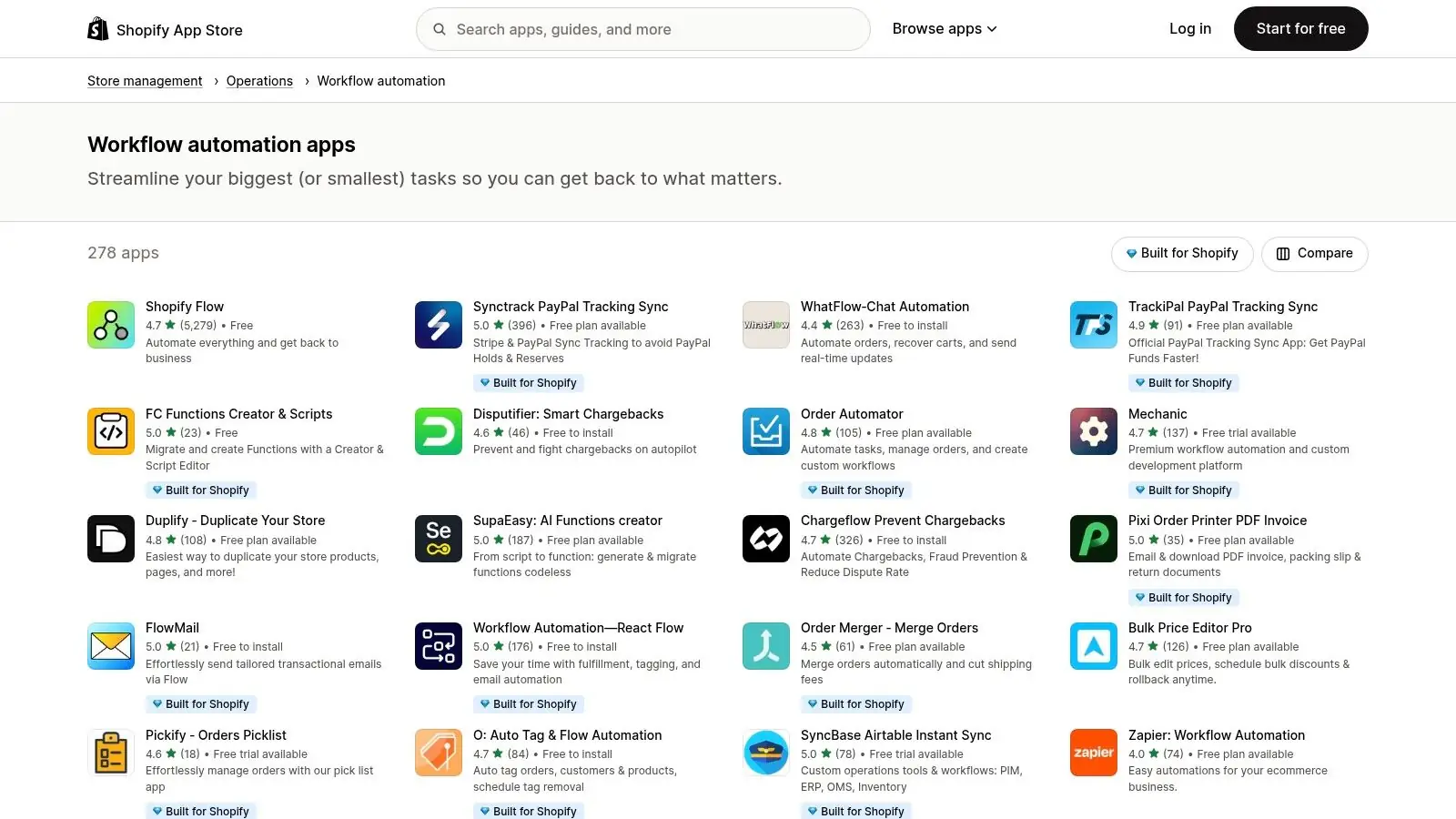 A view of the Shopify App Store, specifically showing the Workflow Automation category and various apps available for store management.