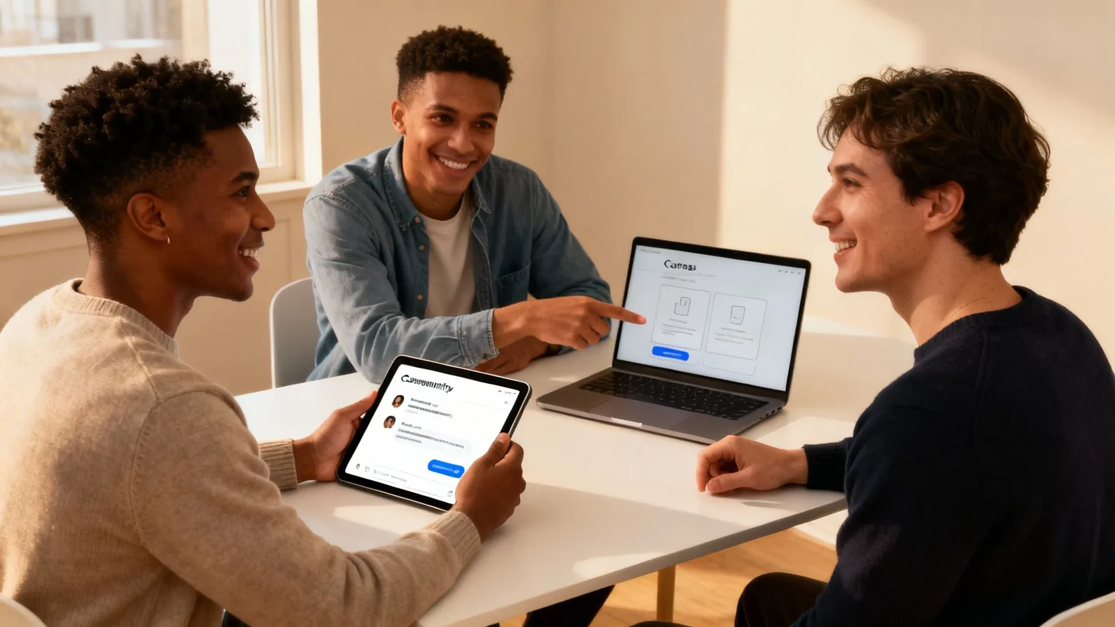 Three smiling young men collaborating on a laptop and tablet at a white table.