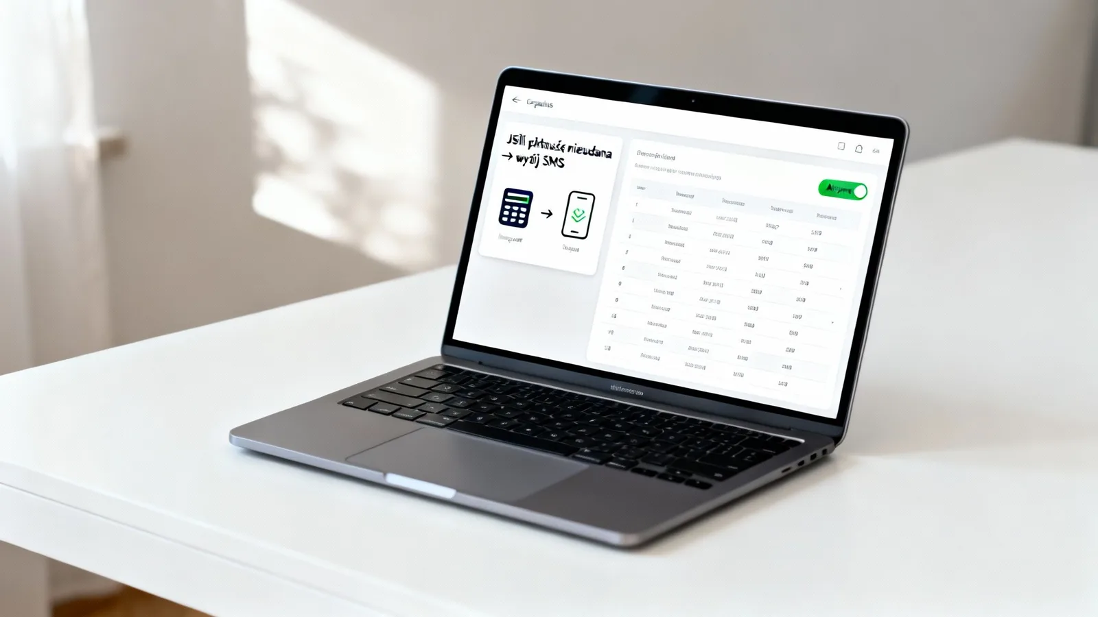 Laptop na biurku z aplikacją do zarządzania płatnościami, oferującą przypomnienia SMS w przypadku nieudanych transakcji.