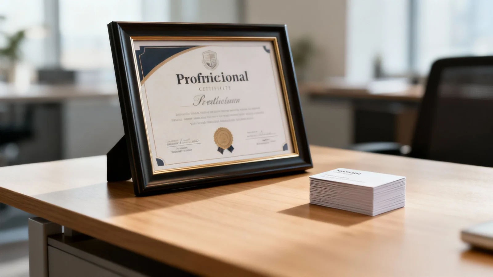 A framed 'Profricional Cettifilcate' certificate and a stack of business cards on a wooden office desk.