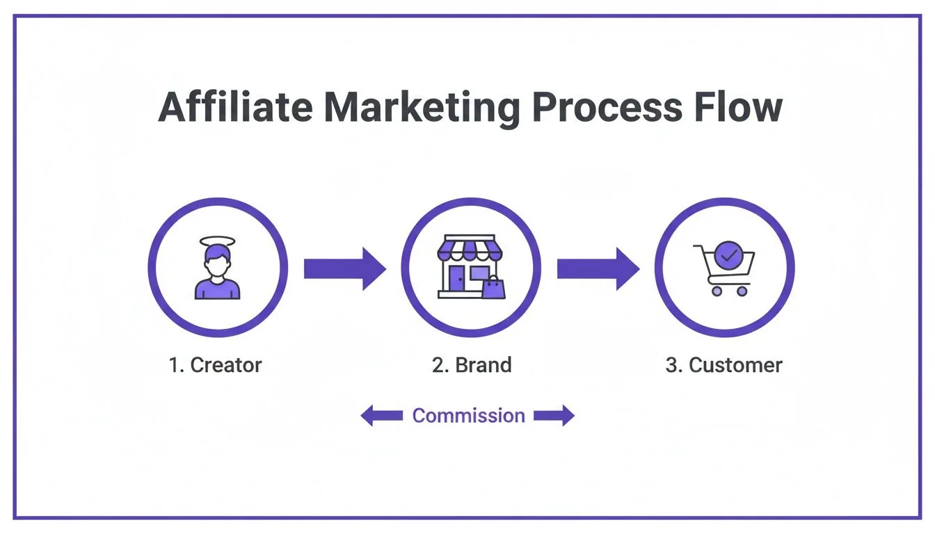 Flowchart showing the affiliate marketing process involving creator, brand, and customer, with commission.