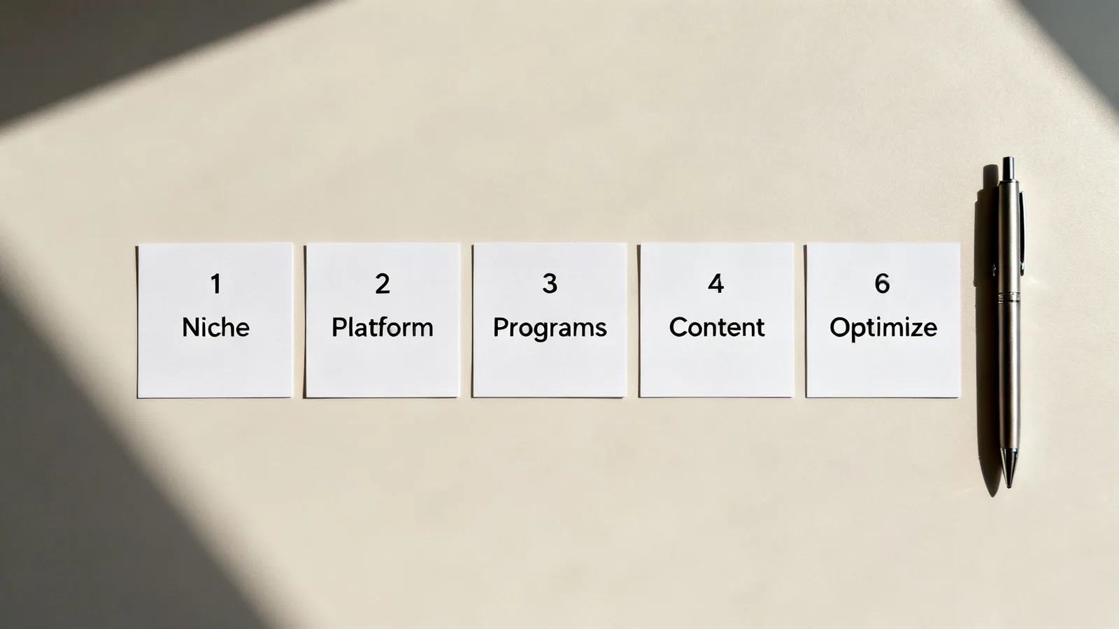 Five white cards display numbered steps: 1 Niche, 2 Platform, 3 Programs, 4 Content, and 6 Optimize, with a pen.