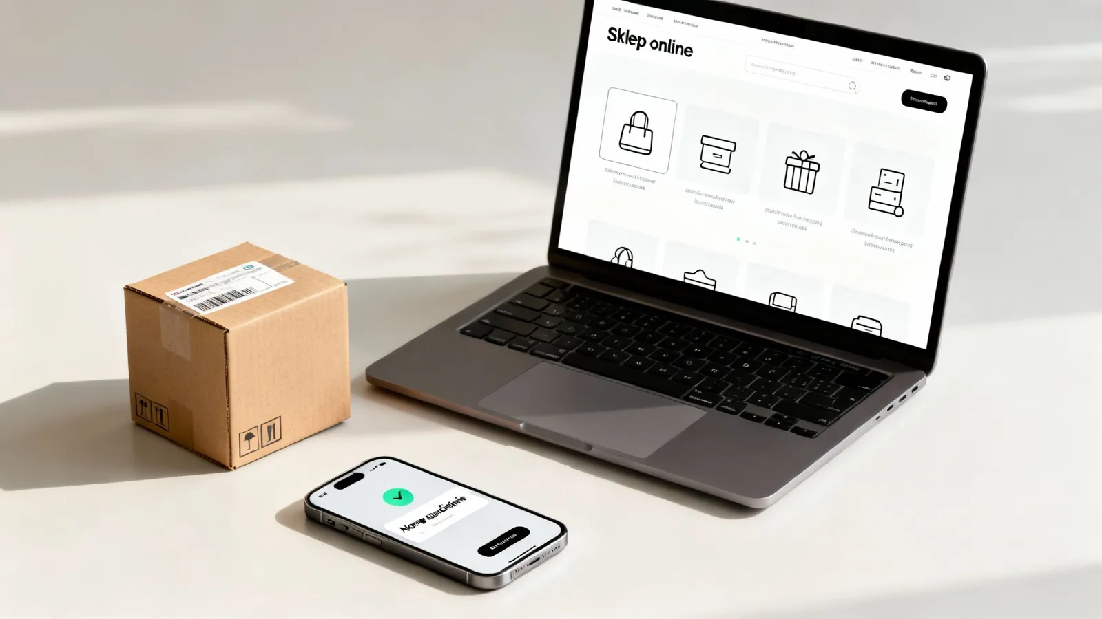 Laptop z otwartym sklepem internetowym, obok smartfon i kartonowa paczka, symbolizujące e-commerce i dostawę.