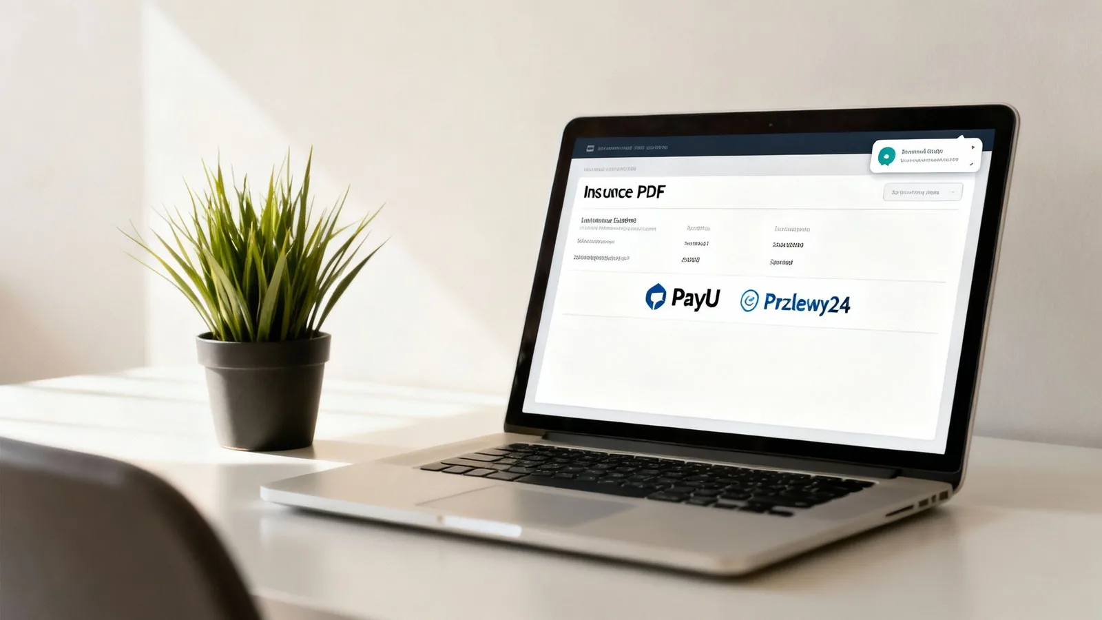 A laptop displays a checkout payment page beside a potted plant on a white desk.