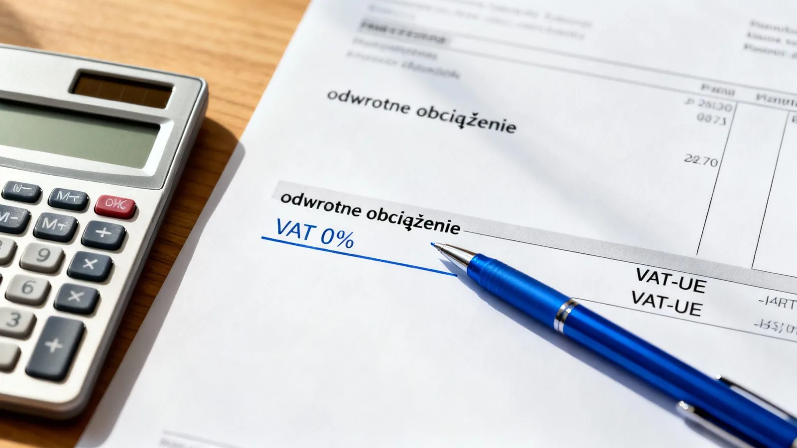 Kalkulator, długopis i dokument z napisem „odwrotne obciążenie” oraz „VAT 0%” na stole biurowym.